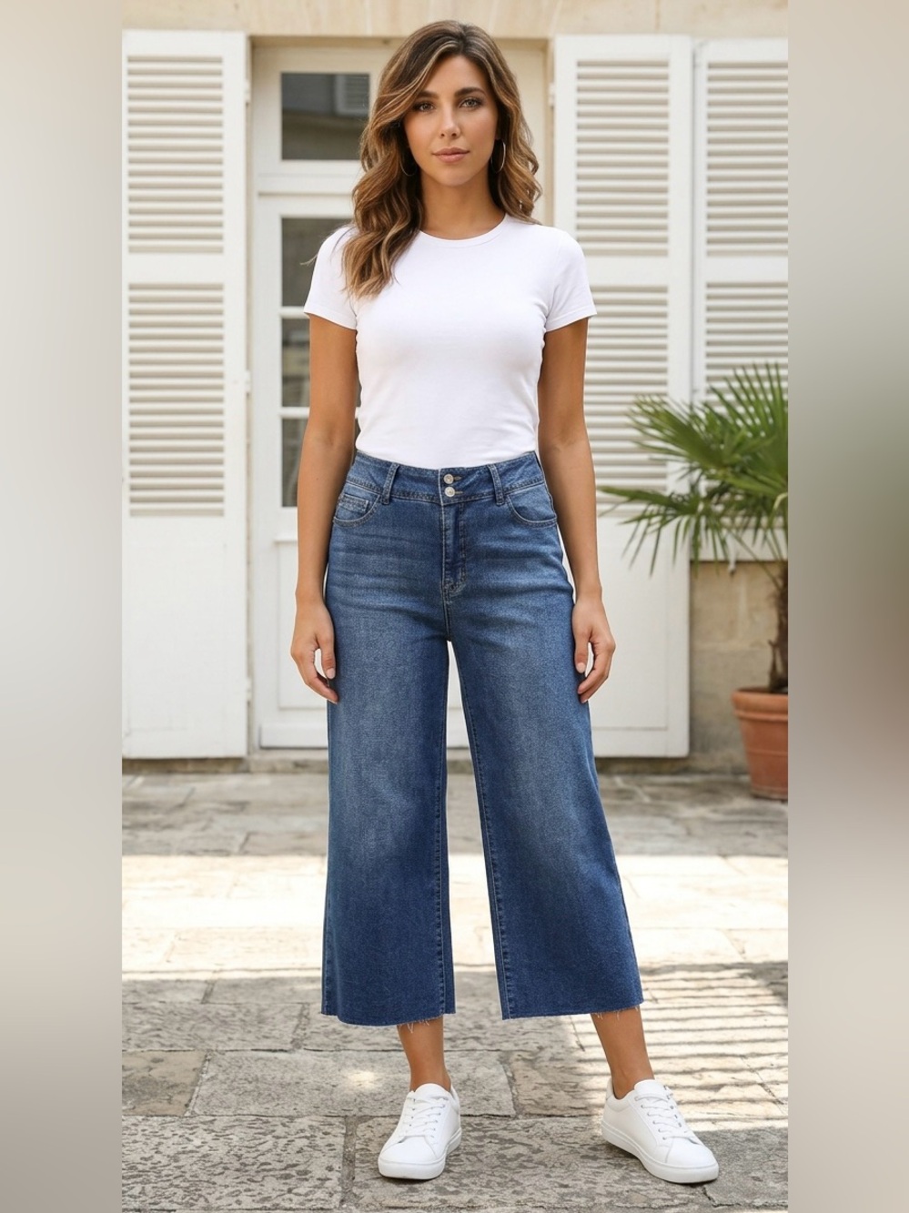 Curve Appeal Stretchy Wide Leg Cropped Jeans Whiskering Blue Size 14 VGUC